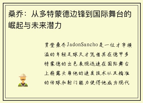 桑乔：从多特蒙德边锋到国际舞台的崛起与未来潜力